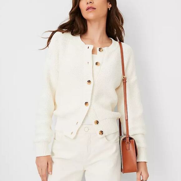 Ann Taylor Weekend Ivory Crewneck Cardigan - Picture 1 of 8
